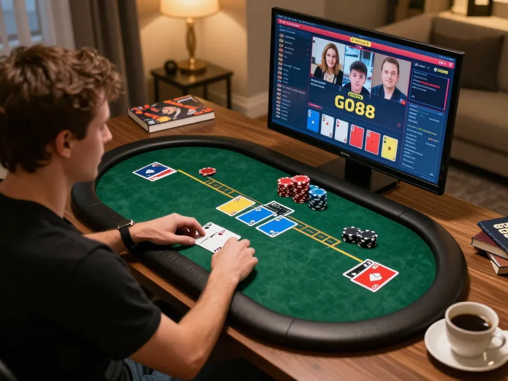Engaging player experiencing online poker action at GO88, revealing strategic gameplay and a cozy home atmosphere.