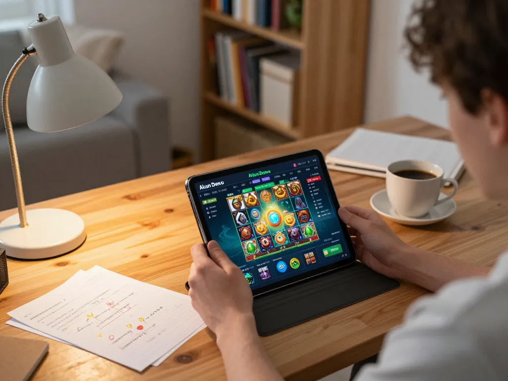 Seseorang menikmati Akun Demo PG Soft di tablet dalam lingkungan rumah yang nyaman.