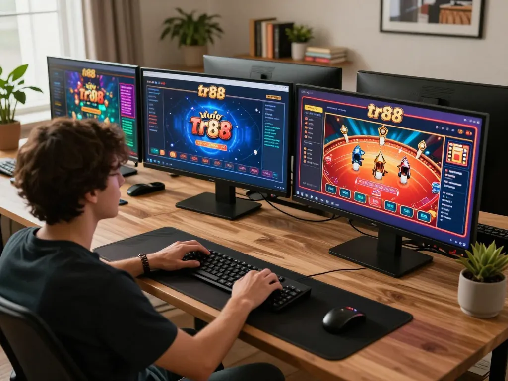 Player engaged with tr88 online gaming interface, showcasing multiple casino games on screens.
