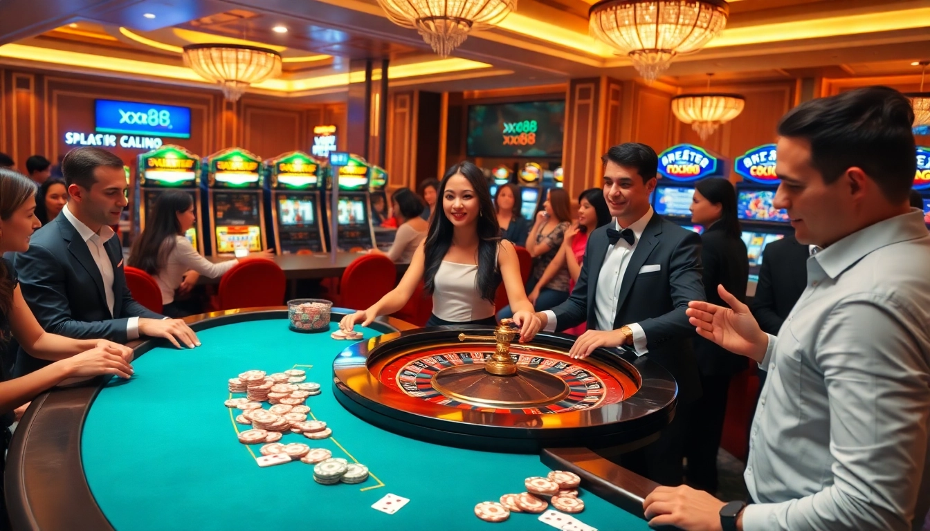 Players enjoying high-stakes gambling at xx88's luxurious casino tables.