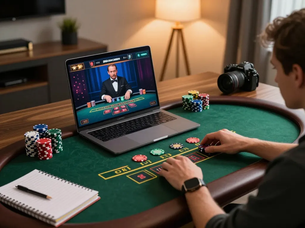 Experience thrilling gameplay at 888newcasino with a live dealer blackjack game on a stylish home desk.