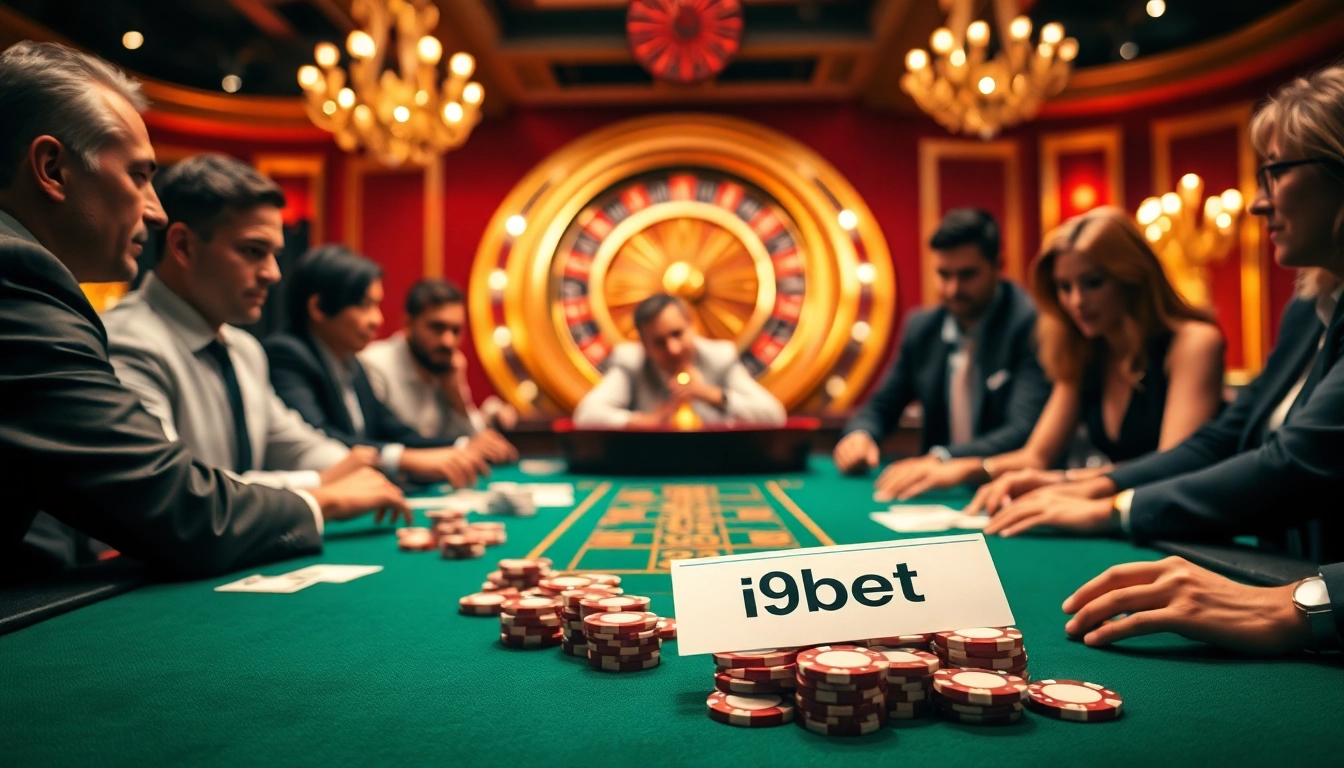 The players enjoy a thrilling game at the i9bet casino table, surrounded by colorful poker chips and cards.