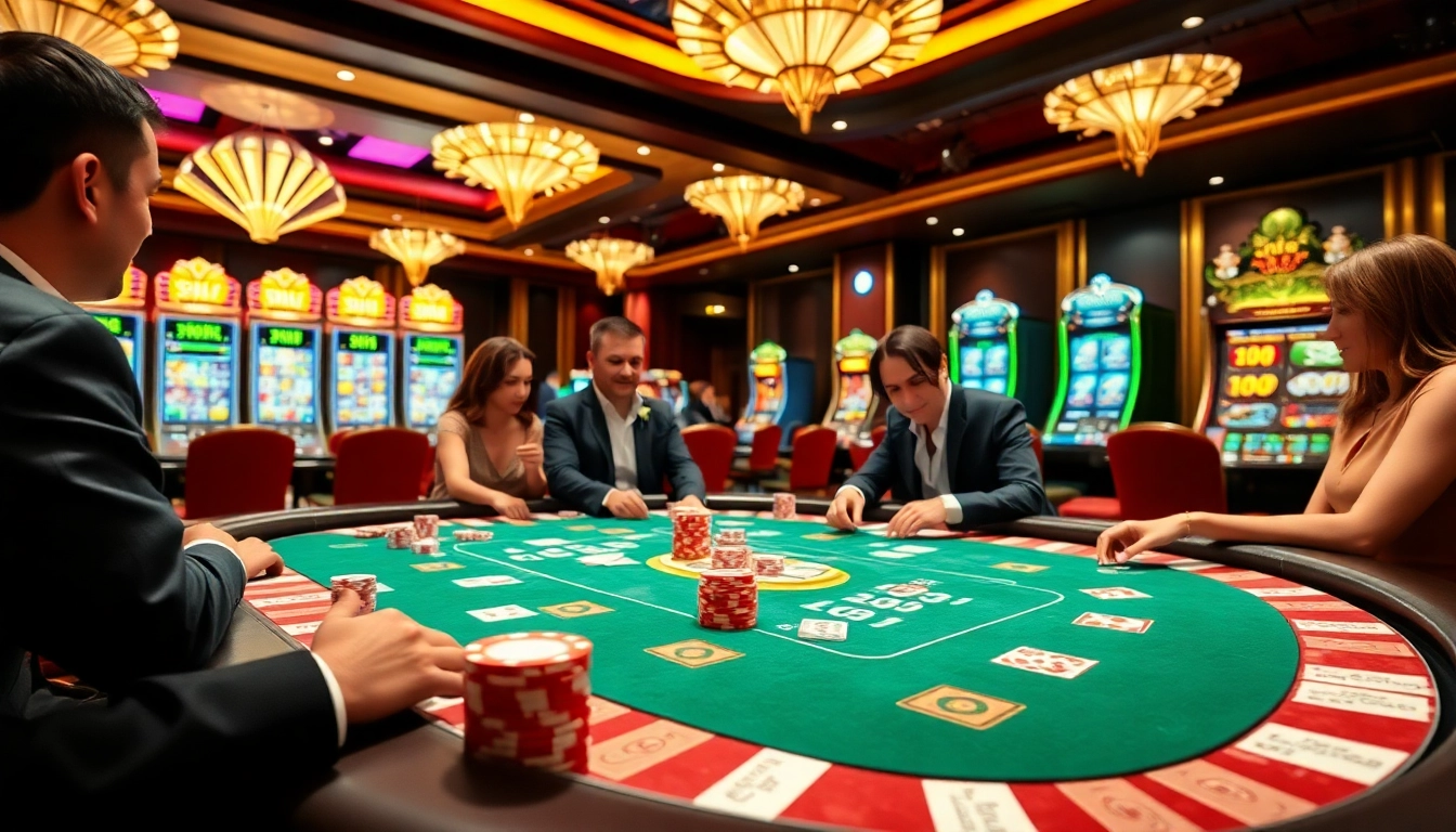 Exciting qh88 casino scene with poker chips, cards, and dazzling slot machines.