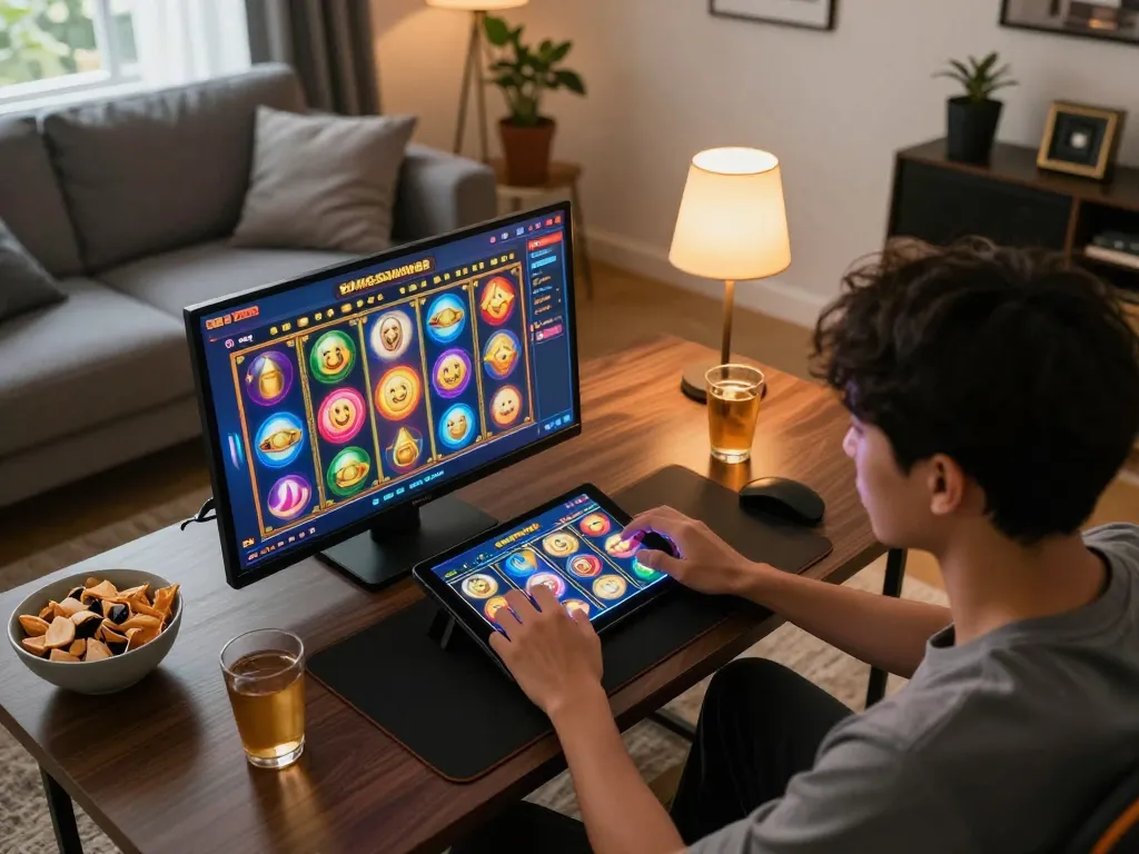 Playing bangsawan88 slot on a tablet in a cozy living room, highlighting strategic gaming moment.
