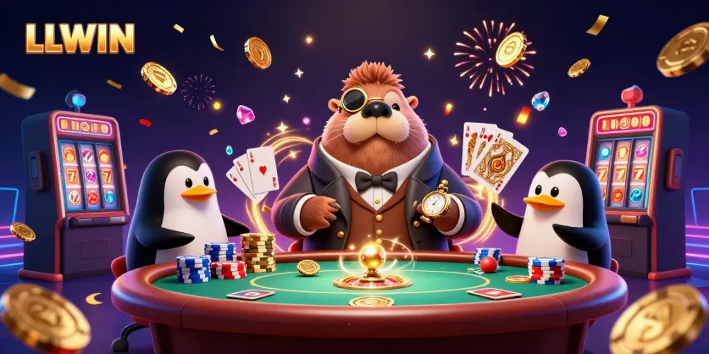 Engage in fun LLWIN gameplay with a jolly walrus and friends at an exciting underwater poker table.