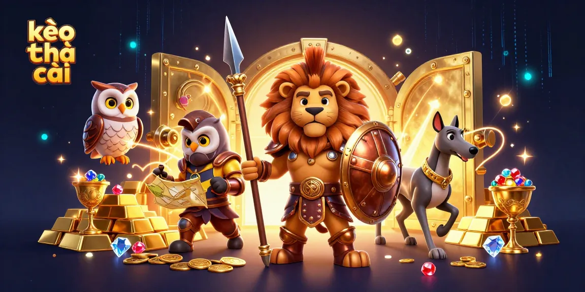 Engaging scene of kèo nhà cái with a Spartan lion, tactical owl, and greyhound amidst sparkling treasure.