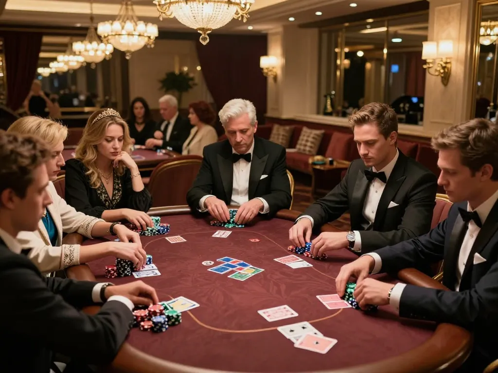Intense players strategizing in a luxurious poker game at SC88 club.