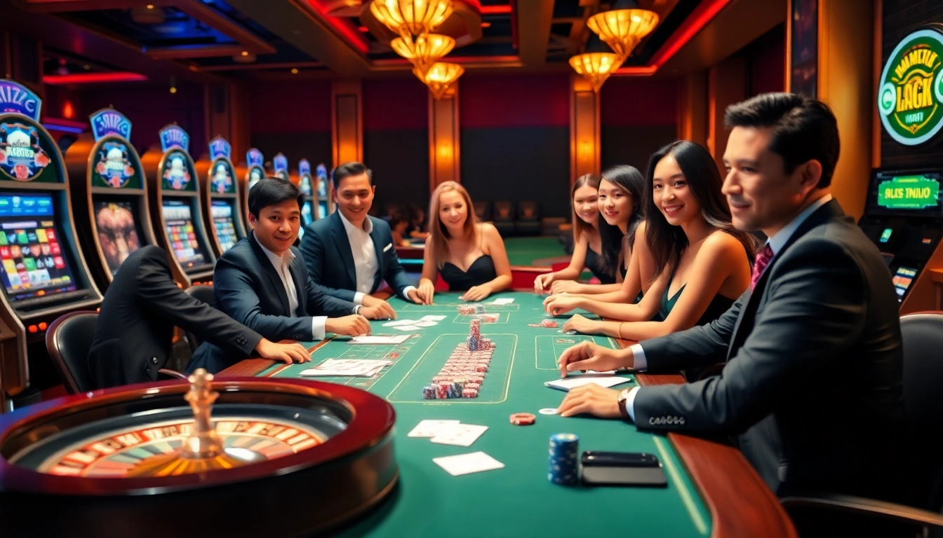Enthusiastic players betting at a casino table with vibrant elements reflecting the experience at https://rr88.auction/.