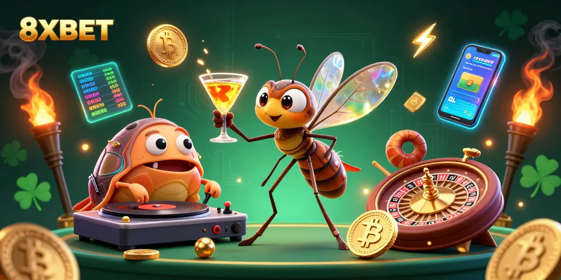 Experience 8XBET's thrilling casino adventures with a vibrant 3D illustration featuring dynamic gaming elements.