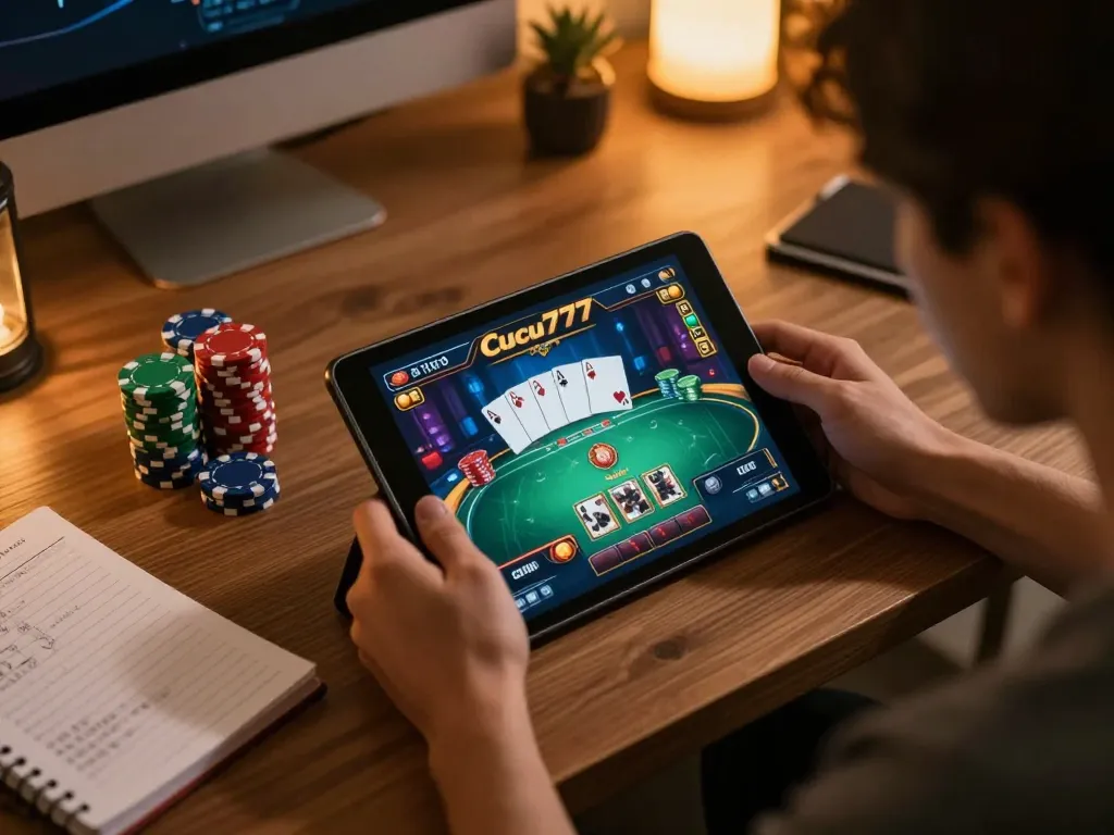 Cucu777 player engaging in online gambling, focused on poker strategy with tablet in cozy setting.