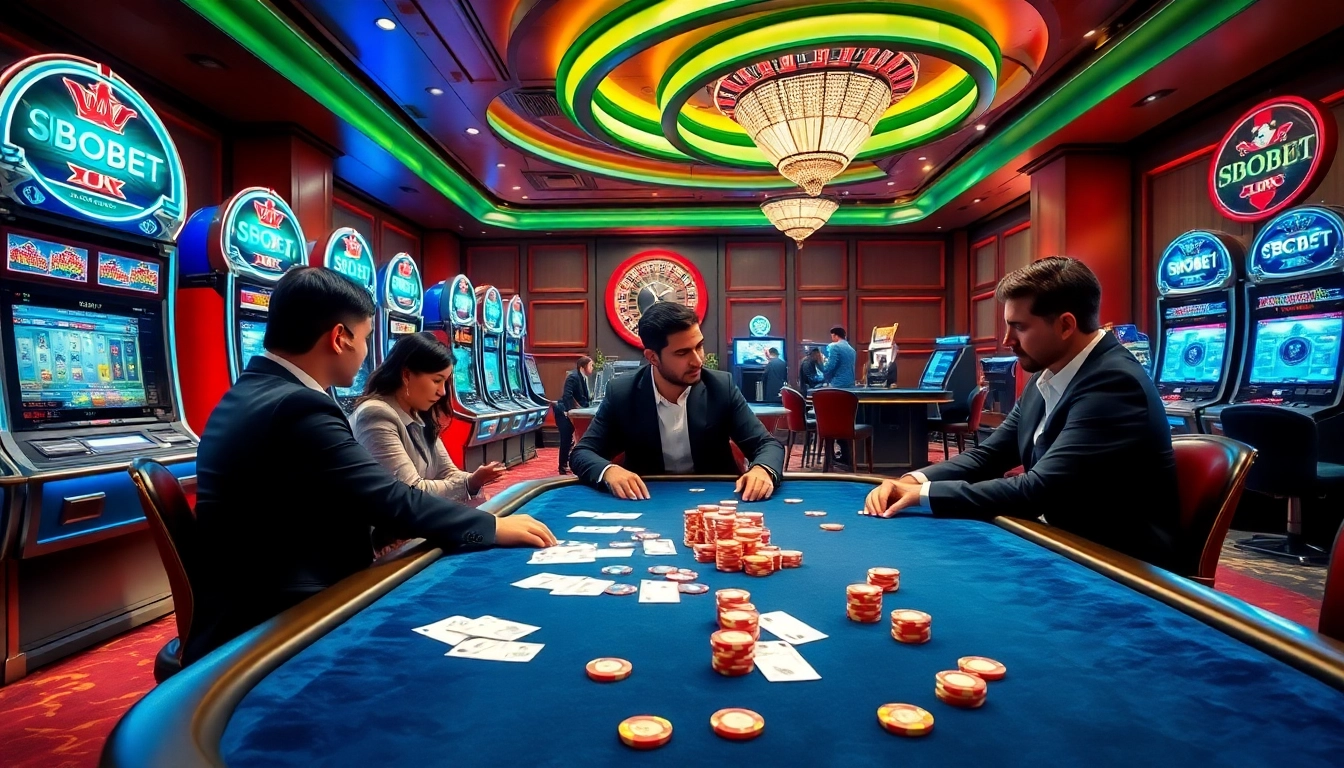 SBOBET betting area with exciting poker and vibrant slot machines creating a thrilling casino atmosphere.