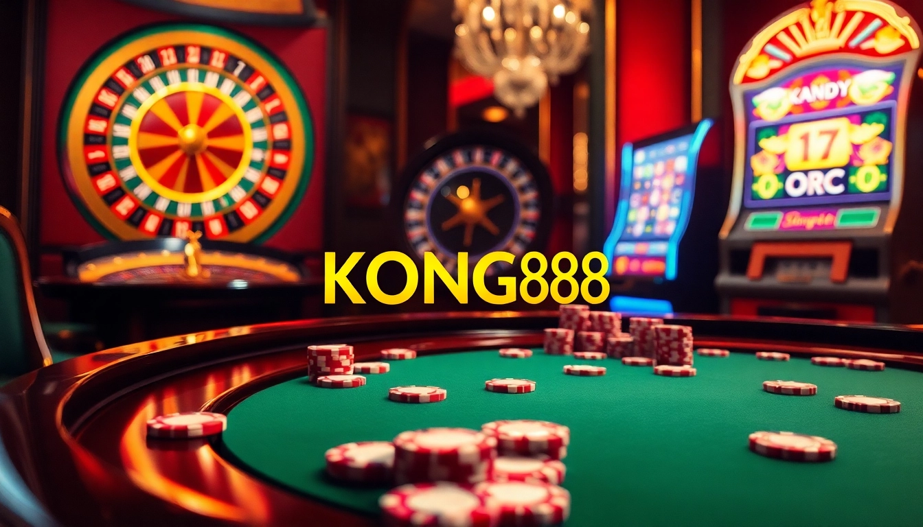 KONG88 offers thrilling poker action at a luxurious table, showcasing rich colors and engaging gameplay.