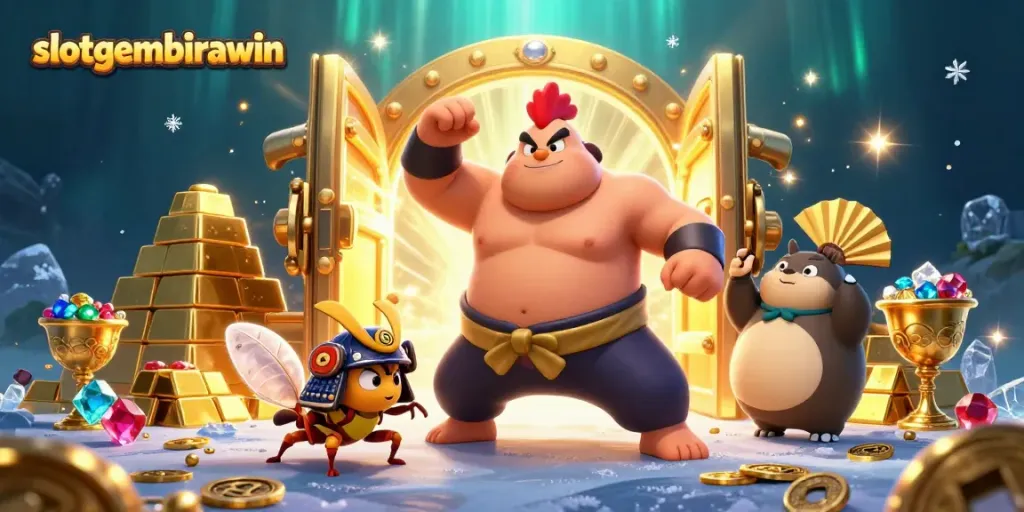 Slotgembirawin showcases a thrilling 3D scene with a sumo wrestler and a cricket representing victory in online gaming.