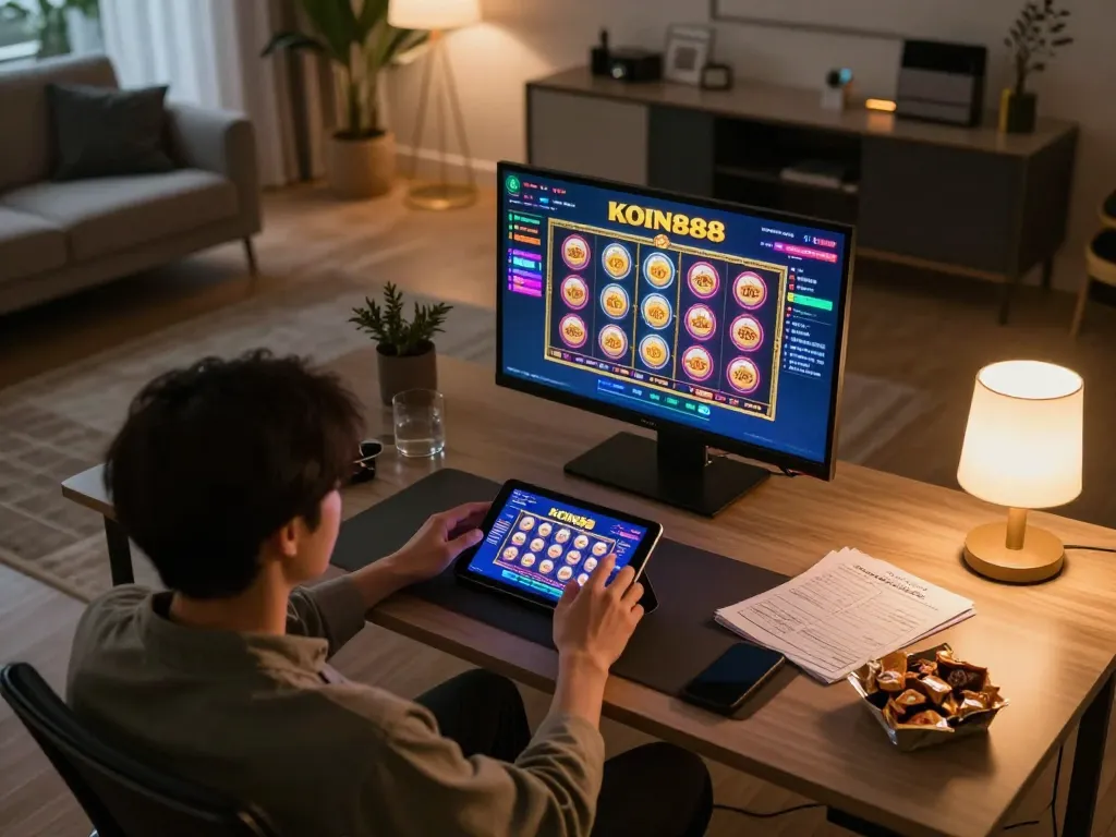 Bermain slot online KOIN888 di tablet dalam suasana rumah yang stylish dengan camilan