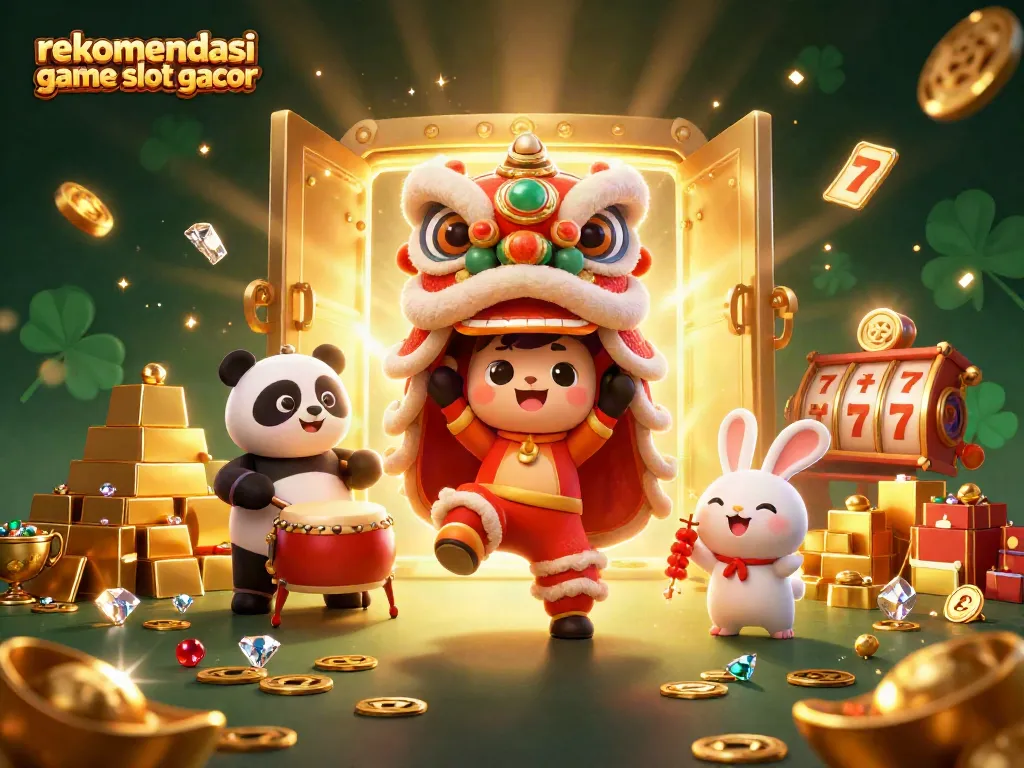 Menyajikan rekomendasi game slot gacor dengan ilustrasi meriah dari karakter dan elemen kasino yang menarik.