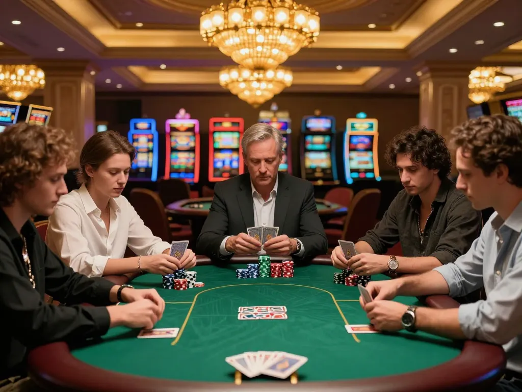 Play poker at the luxury casino with high stakes on 98winn.net, showcasing intense gameplay and vibrant atmosphere.