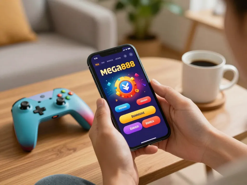 Mega888 Download app interface displayed on smartphone in a cozy home gaming setup