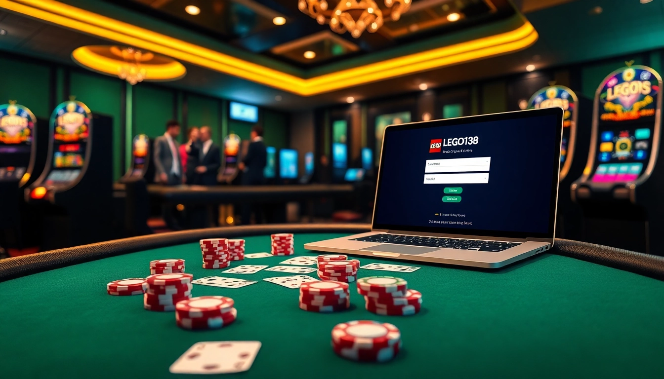 Exciting gaming scene illustrating the LEGO138 login process on an elegant casino table with poker chips.