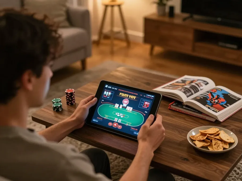 Player engages with LV88 poker game on tablet in a cozy living room setting