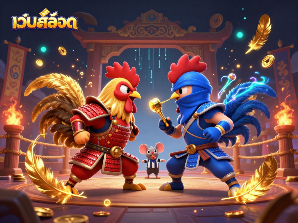 Experience the thrill of เว็บสล็อต with dynamic fighting roosters and lively casino elements.