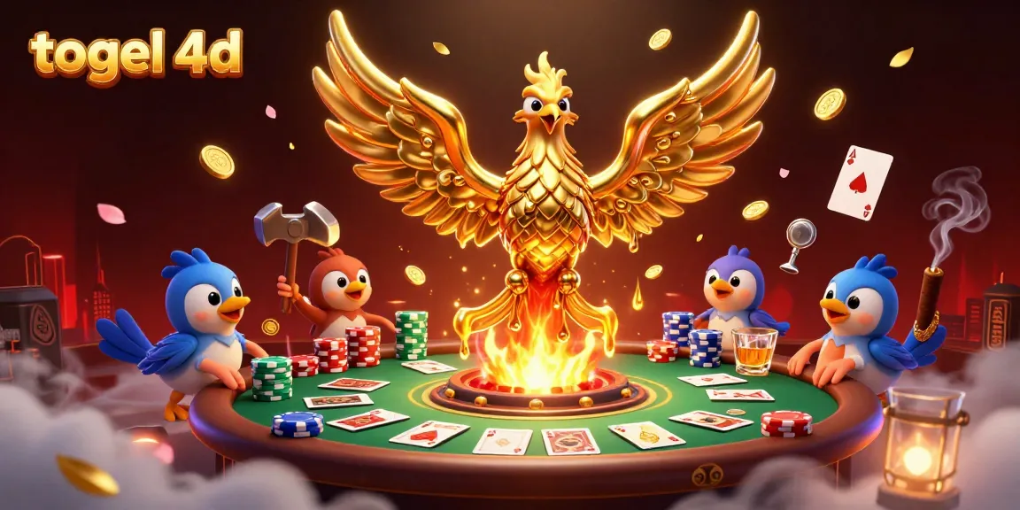 Experience the excitement of togel 4d with a molten golden phoenix and dynamic poker elements in this artistic illustration.