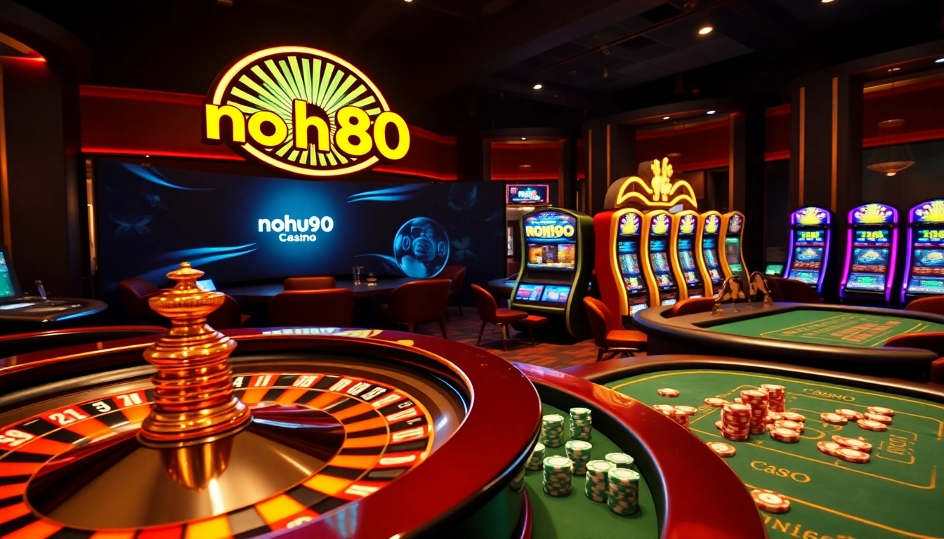 Nohu90 online casino gaming interface with roulette wheel, poker tables, and vibrant slot machines.