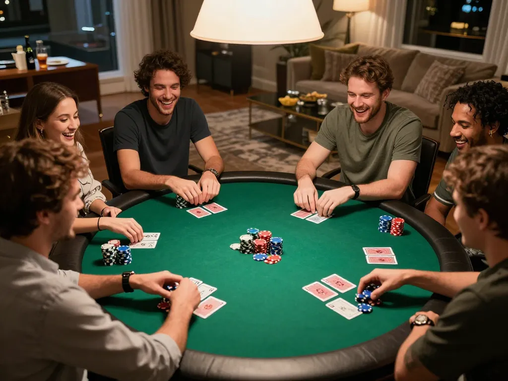 ku88 players strategizing in a lively home poker game with colorful chips and lively atmosphere