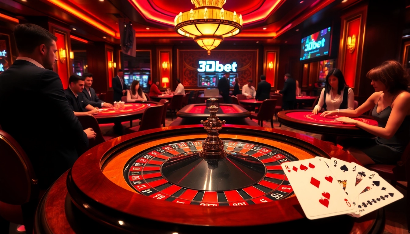 Experience the thrill of 3Dbet with sophisticated casino visuals featuring poker chips and a roulette wheel.