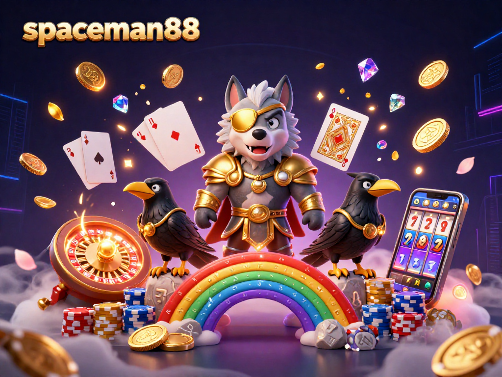 Spin the reels with spaceman88 in this vibrant 3D casino illustration, showcasing exciting slot game elements.