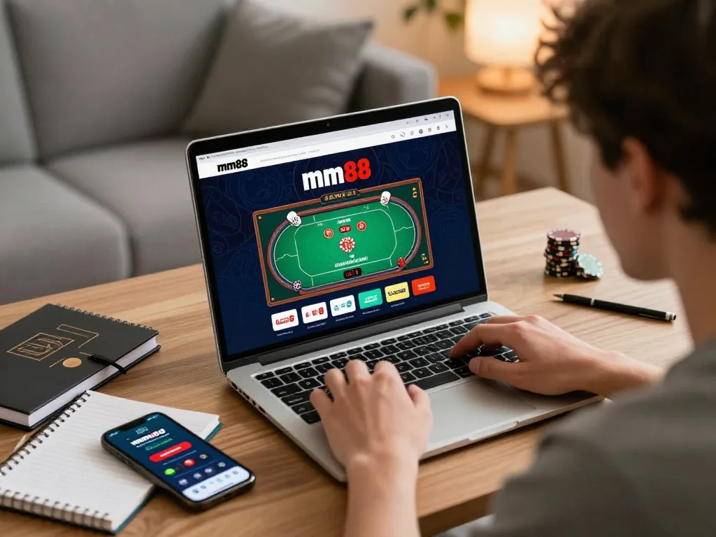 mm88 online player strategizing during a poker session in a cozy home office.