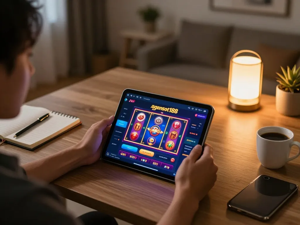 Player enjoying agenslot188 app on tablet with vibrant slots display in cozy home setting