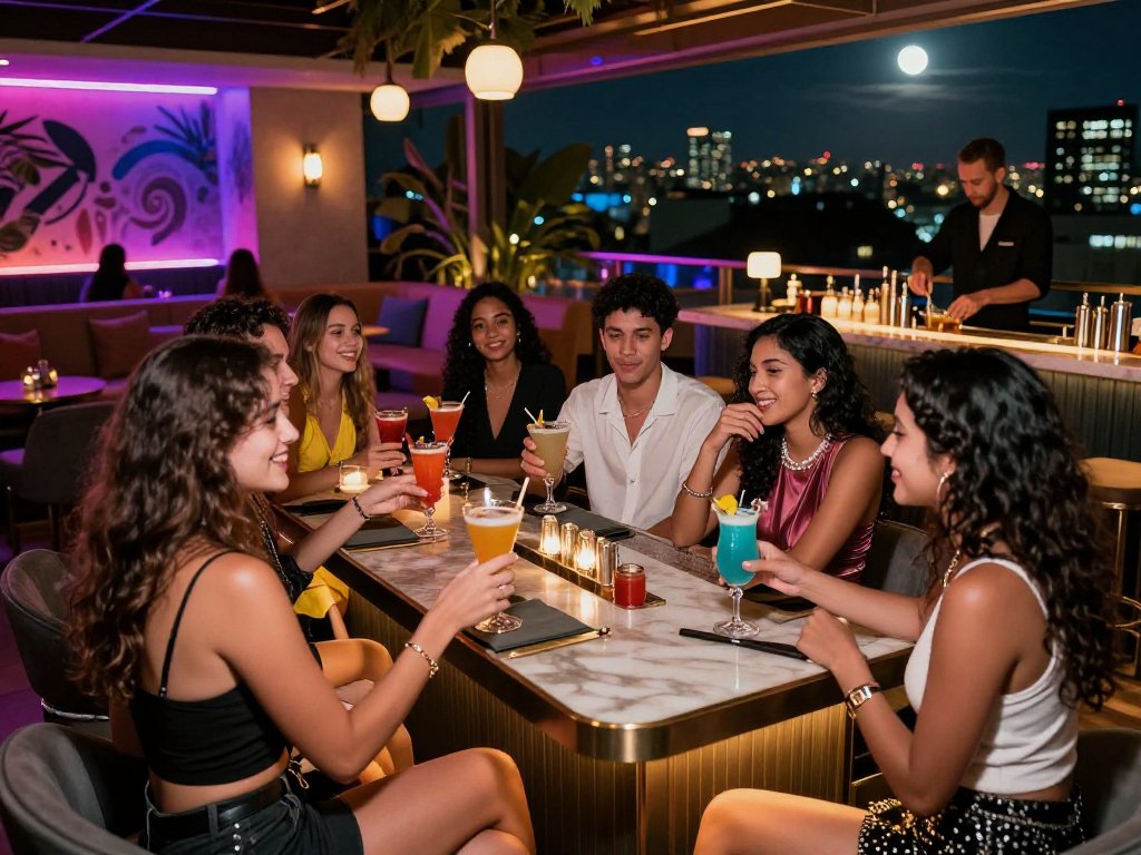 Không gian sống động tại quán bar với gái gọi hiện đại, bạn trẻ vui vẻ bên cocktail.