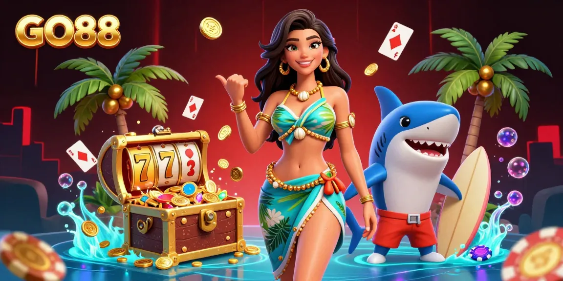 Engage with GO88 amidst a vibrant gaming scene filled with slot reels, gold coins, and dynamic characters.
