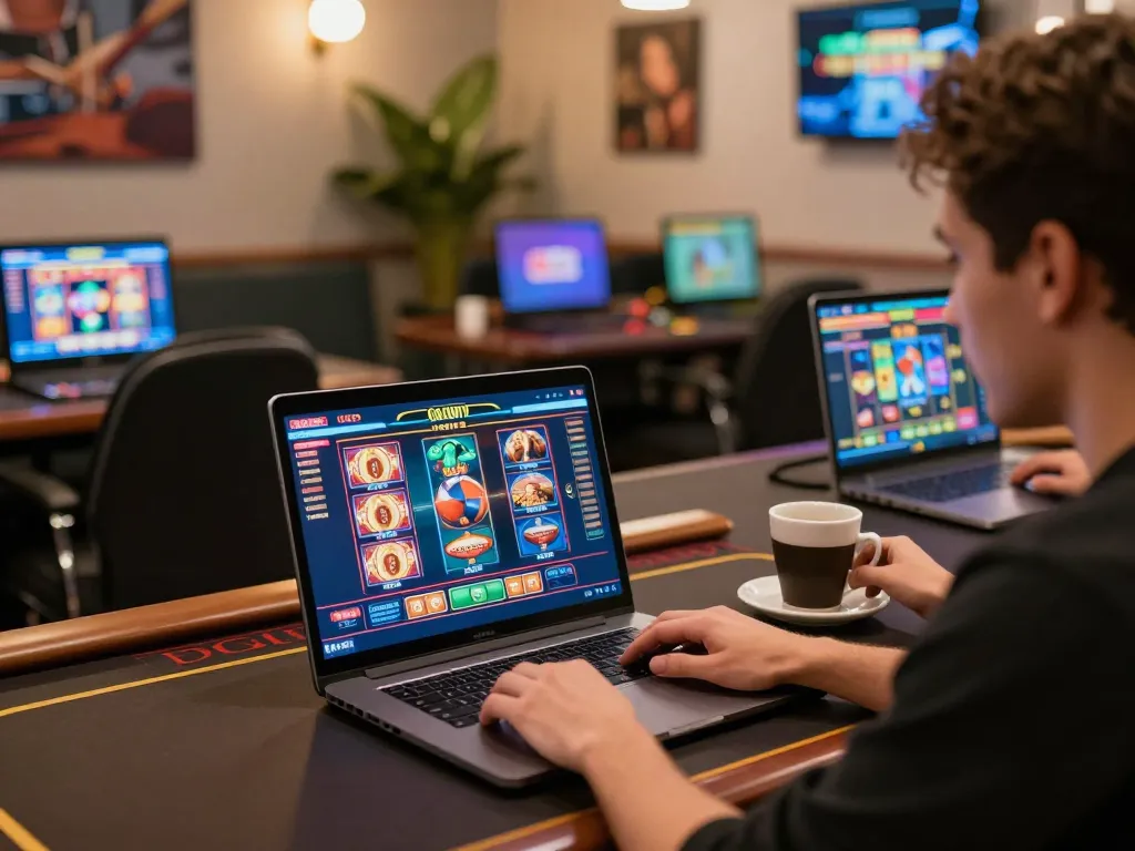 Gamer engaged with ONLINE128 using laptop at home, displaying online casino games