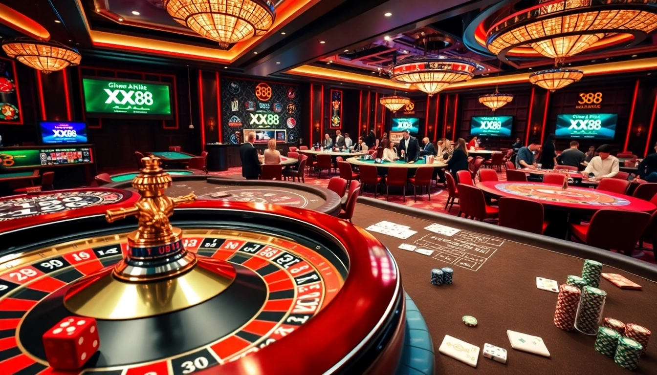 Players enjoying games at XX 88 casino, featuring poker chips and roulette wheel.