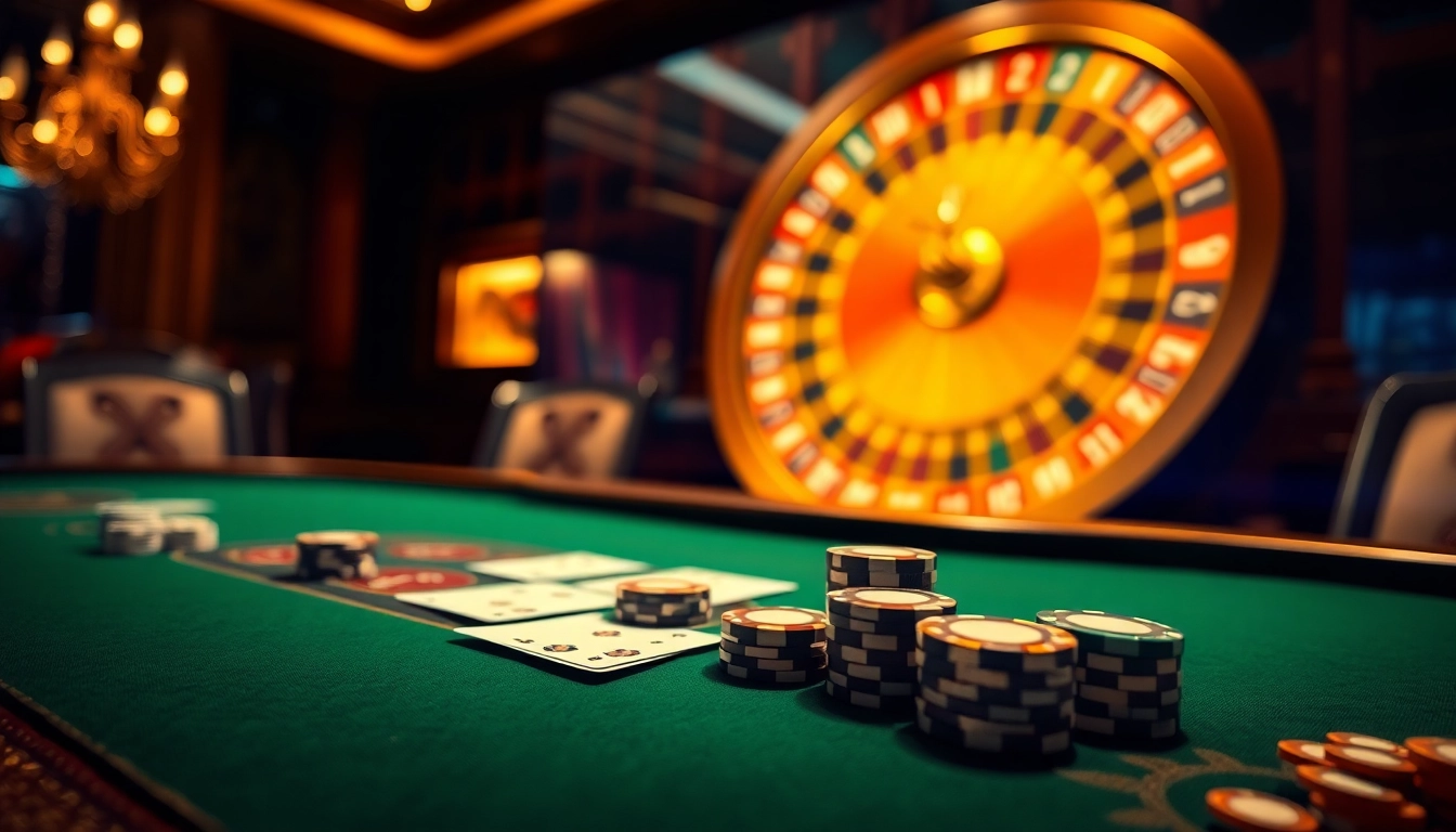 Experience the thrill of Lô Đề Trực Tuyến with virtual casino tables, chips, and a spinning roulette wheel.