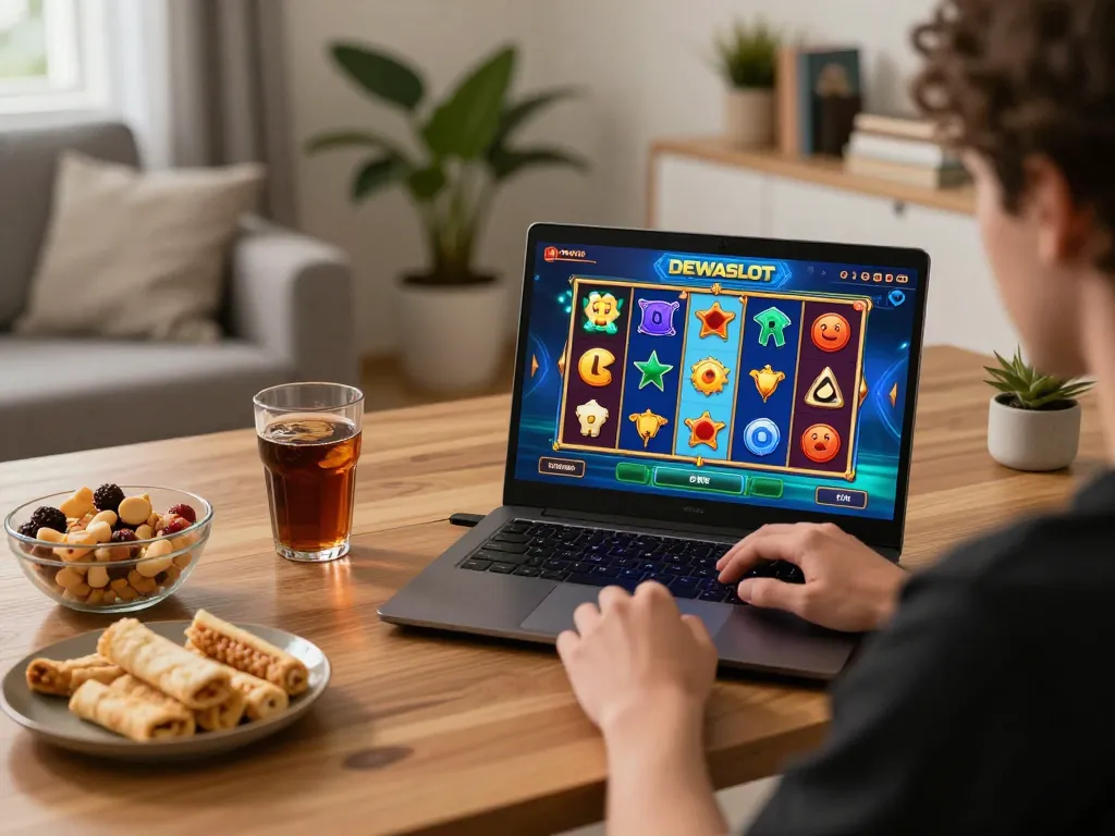 Player enjoys a DEWASLOT gaming session, aligning symbols for a win on their laptop in a cozy home.