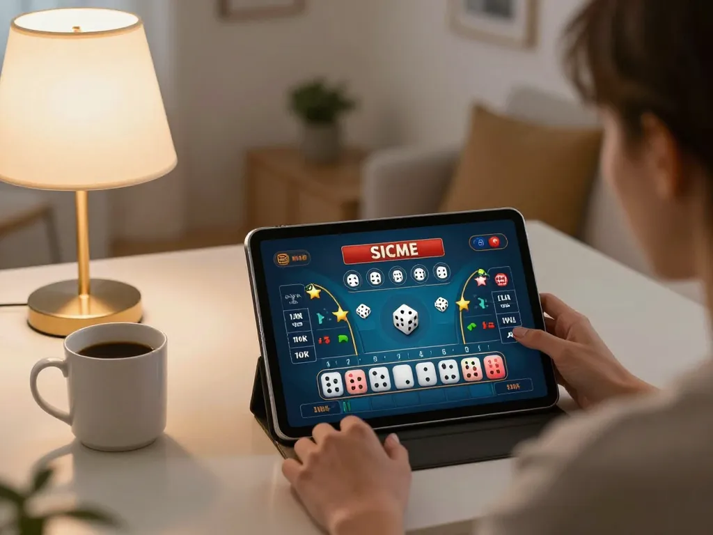 Sicbo online game interface on tablet, showcasing dynamic action in a cozy home environment