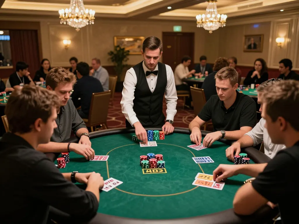 Players enjoying a high-stakes poker game at MM 99 casino with chips stacked and cards in hand.