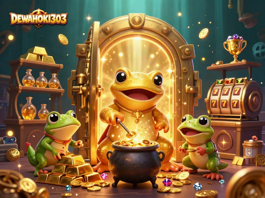 Raih Jackpot di DEWAHOKI303 dengan simbol slot bertaburan dan pencahayaan emas yang memikat