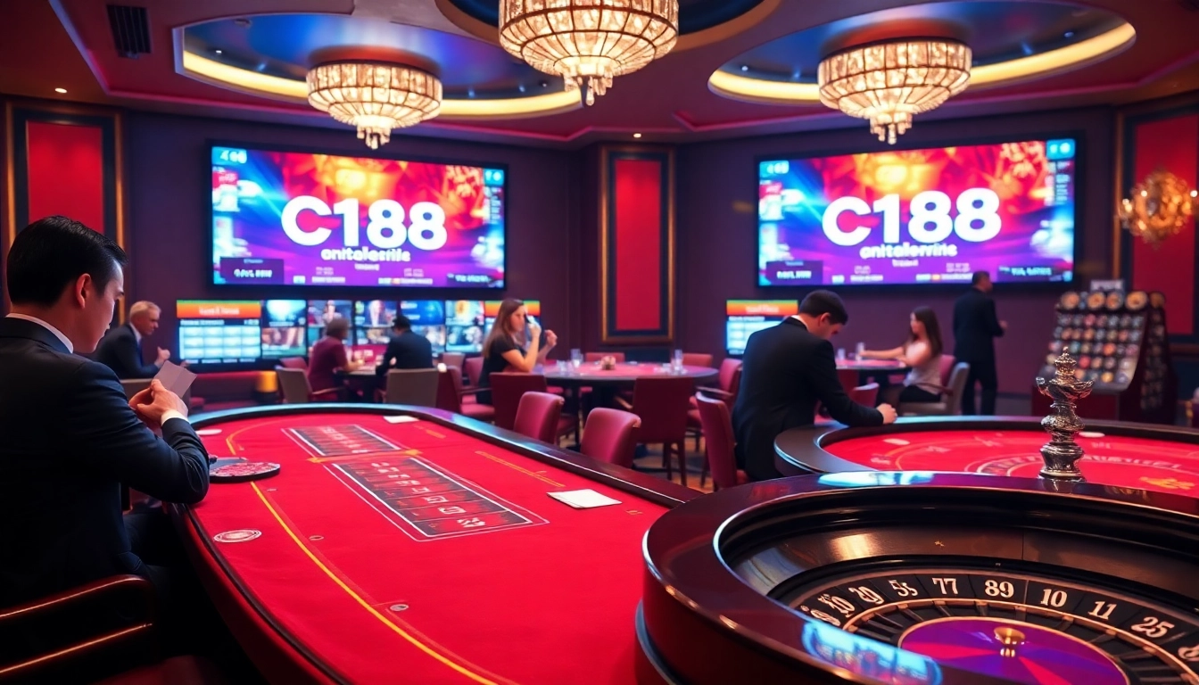 C168 players enjoying high-stakes gambling with colorful chips and a vibrant casino atmosphere.