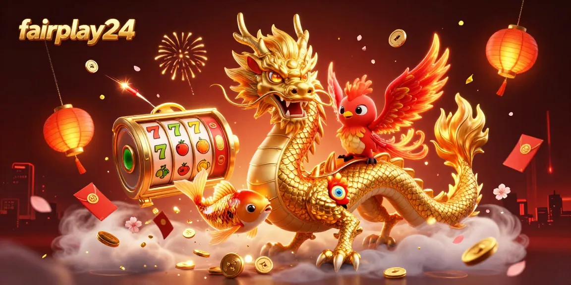 Experience excitement with fairplay24's vibrant casino scene featuring a dragon, phoenix, and koi fish amidst festive elements.