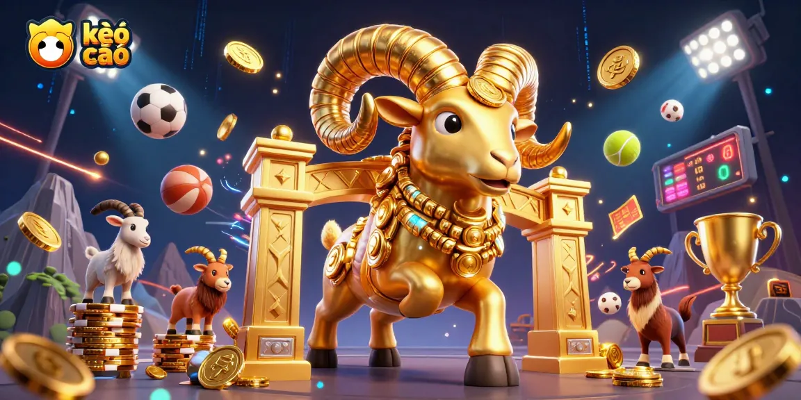 Engage with kèo nhà cái through a vibrant 3D representation of dynamic sports betting elements alongside a golden ram.