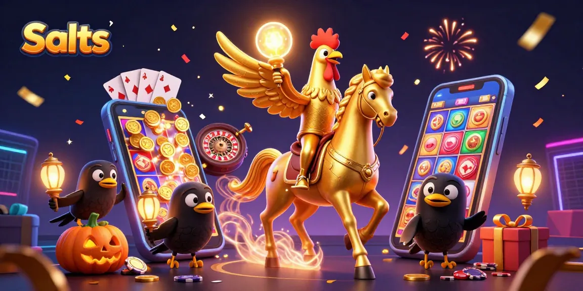 Slots game featuring a golden rooster riding a spectral horse, surrounded by coins and festive confetti.