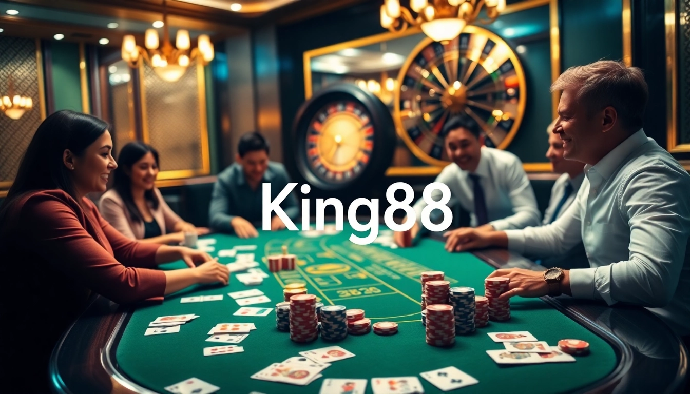 A thrilling casino scene with the keyword King88 featuring vibrant poker chips and a spinning roulette wheel.
