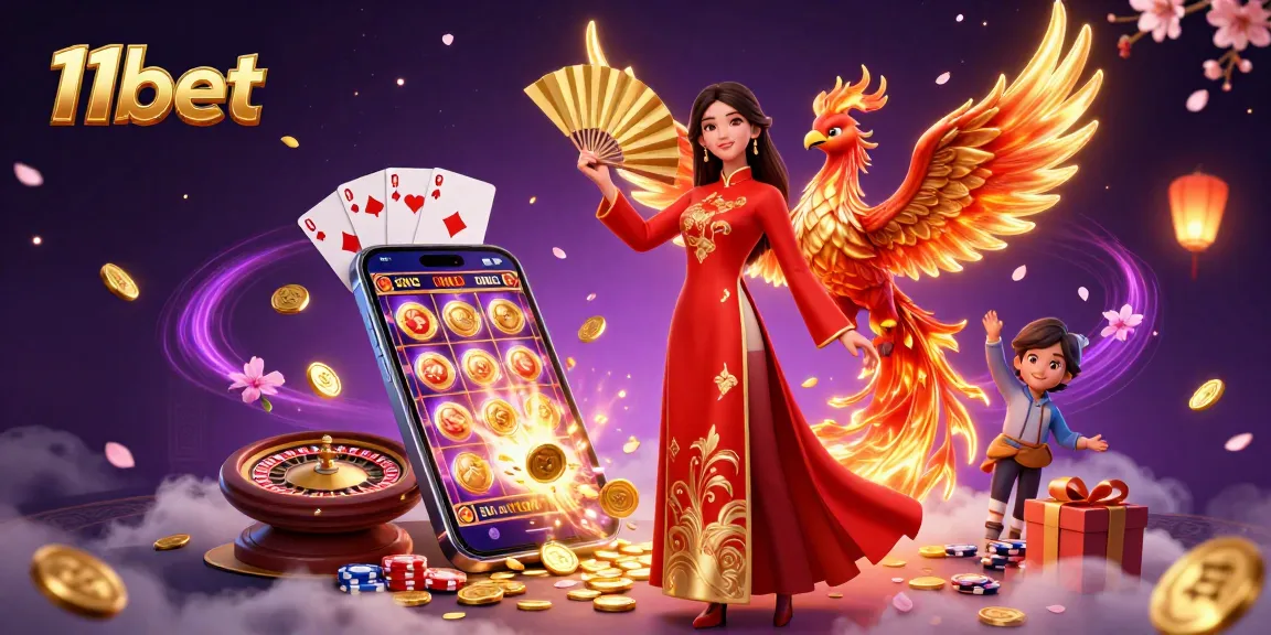 Experience thrilling gaming action at 11bet with a vibrant illustration of casino elements and characters.
