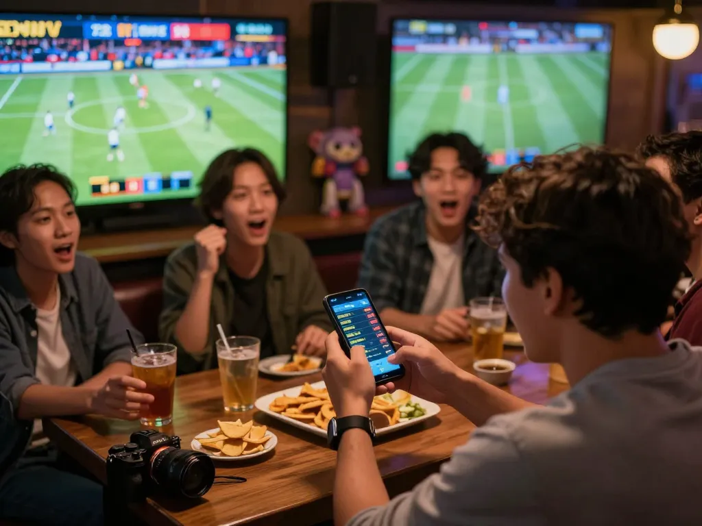 Engaging in live sports betting at ta88 with a smartphone showing odds while friends enjoy the game.
