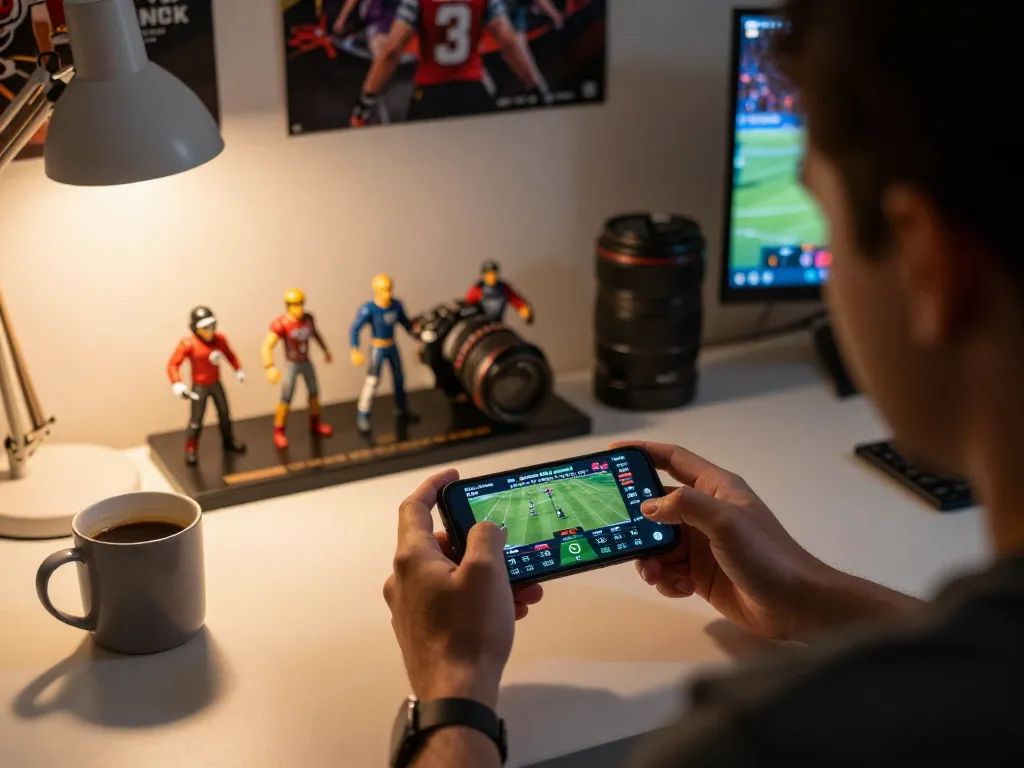 Player engaged in sports betting on god55 app, showcasing live odds on smartphone in a cozy home setting