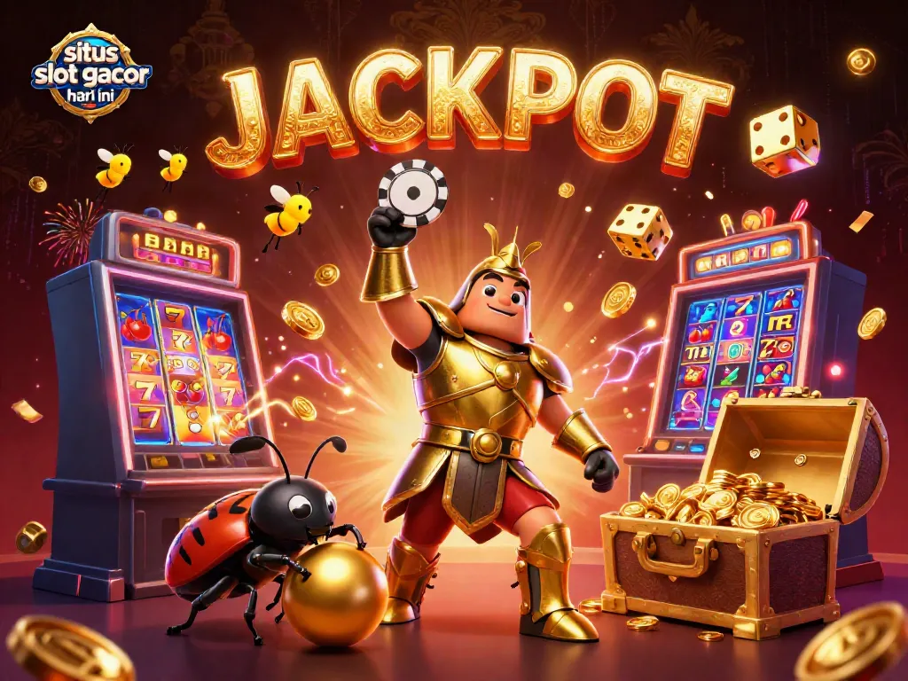 Situs slot gacor hari ini menghadirkan 3D kartun serangga perisai dalam armor emas yang mengangkat chip poker dengan teman beetle menggulung bola emas di tengah jackpot yang meledak.