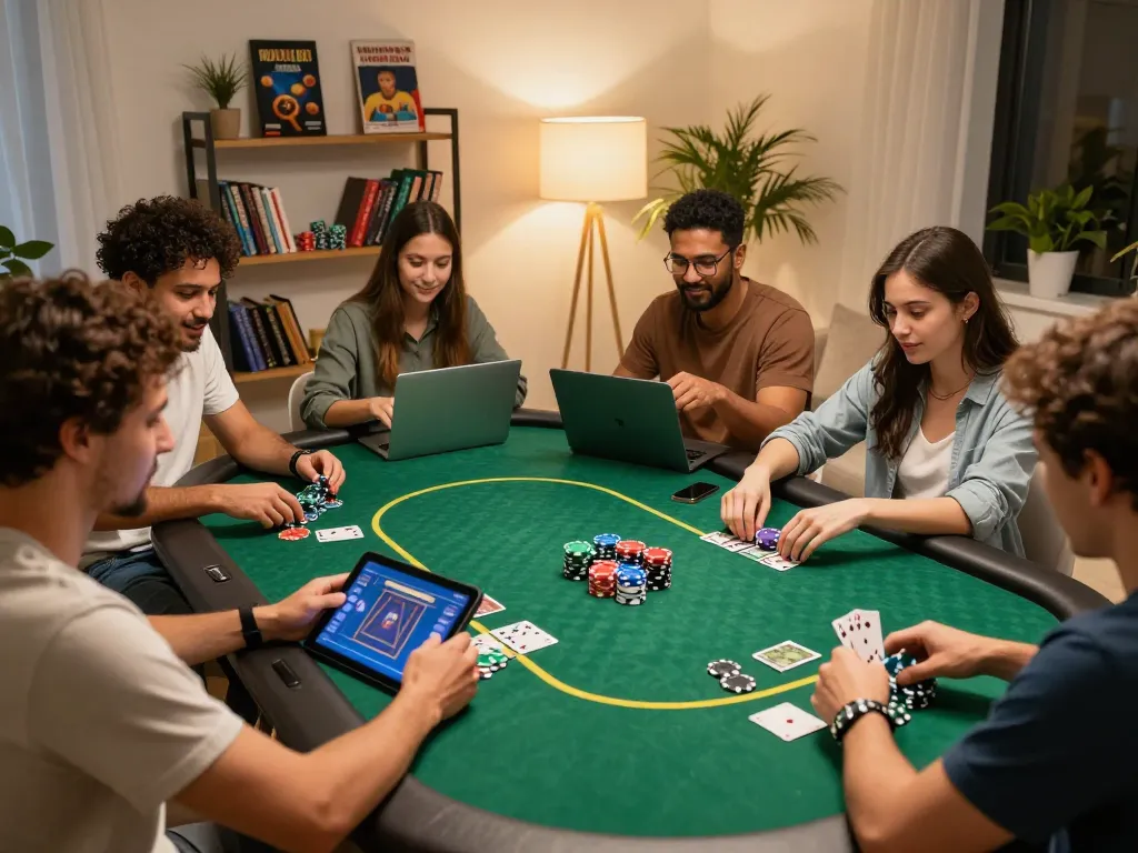 B52 CLUB players enjoying a lively home poker game session with friends, showcasing strategy and fun.